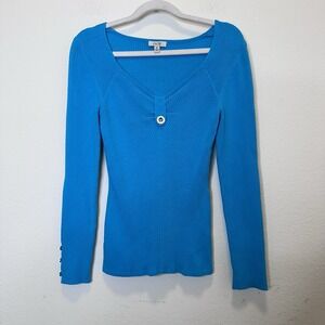 Vintage Y2K Cache Womens Long Sleeve Top size Med  Stretchy Knit Blue